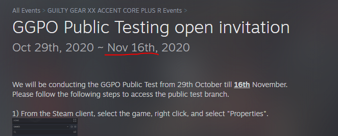 By popular demand, we're extending this public test! #GGXXACPR 
Please use the Steam forums, under the "Public Test" sub forum to report any bugs from the beta.