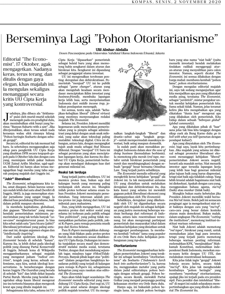 kafiradikalis's tweet photo. ...Tulisan mas @ulil soal UU Omnibus Law di kolom Kompas hari ini layak disebar luas.

Agar rakyat makin sadar betapa bahaya UU ini karena membawa mundur NKRI ke masa lampau dengan membangkitkan otoritarianisme yg pernah dilakukan Orba... (``,)

#AniesManisCebongNangis https://t.co/PcgyZoEWuR