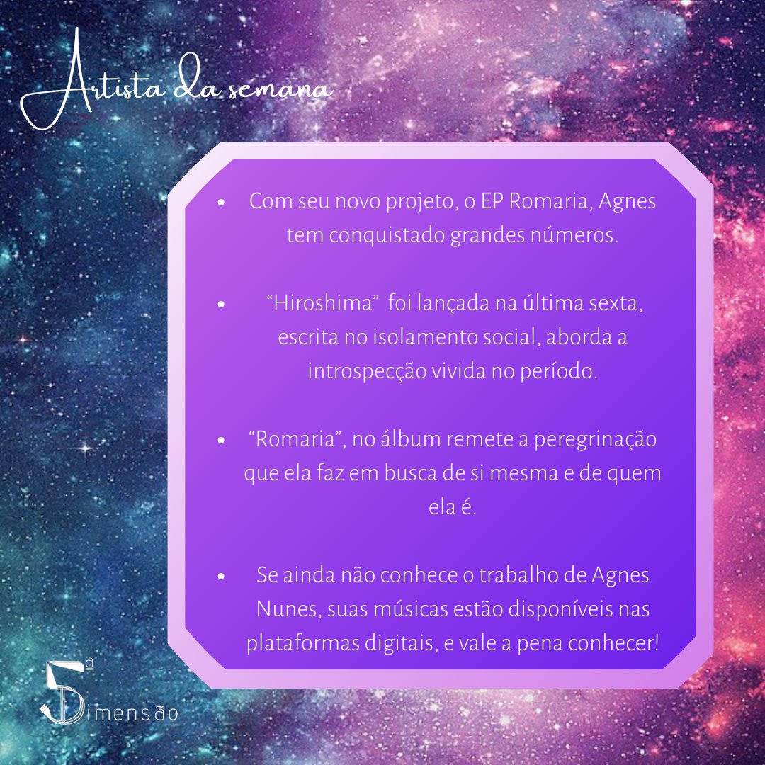 5imensao's tweet photo. A artista dessa semana é a cantora e compositora Agnes Nunes de apenas 18 anos, que lançou o single #Hiroshima na última sexta! Vem conhecer mais dessa artista!
#agnesnunes #baguarecords #Romaria #musica #Hiroshima #riodejaneiro #neobeats #bahia https://t.co/3iLA8D5Wx2