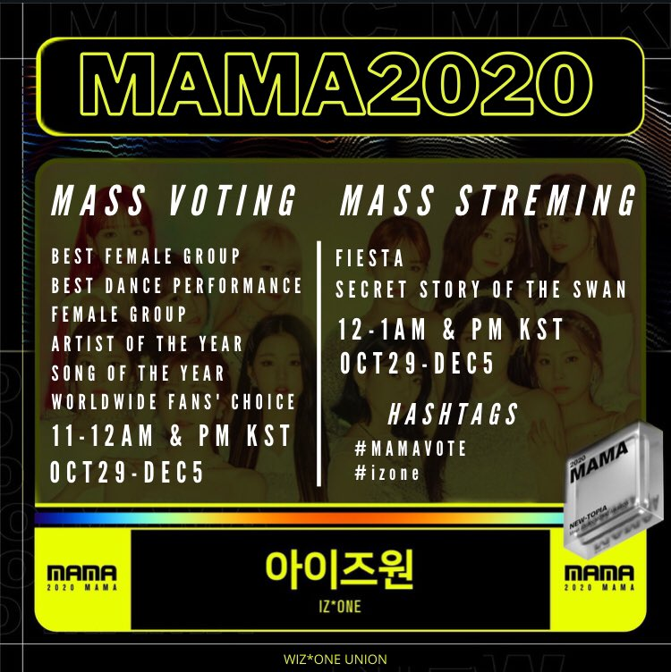 IZONEGLOBALTWT's tweet photo. WIZ*ONE! IZ*ONE fanbases has created a Mass Voting and Mass Streaming plans for MAMA!

Time:
- Voting: 11-12AM &amp; PM KST
- Streaming: 12-01AM &amp; PM KST
* Twice a day for different timezones

Date: ~20.12.05

Let's unite for IZ*ONE!

#MAMAVOTE #izone https://t.co/vFikRSMKrK