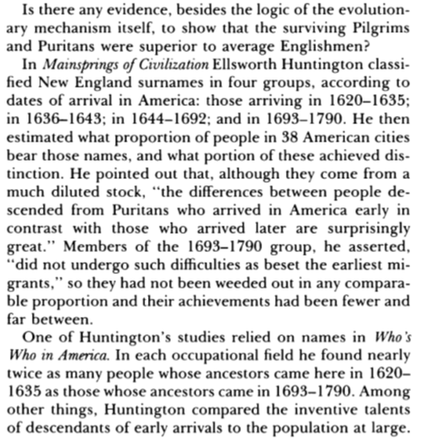 Pendell covers cases like Egypt at length. But we’re interested in America, right? What about our history?In fact, the harsh winters in early America selected the best of an already bright Puritan stock. Their hereditary legacy lasted generations.