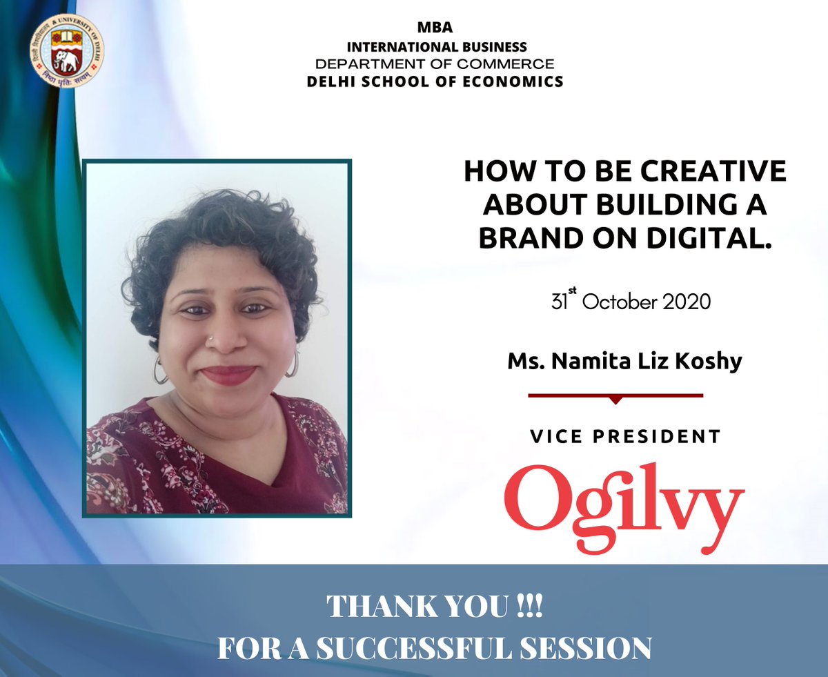 mba_dse's tweet photo. MBA (IB), Department of Commerce, Delhi School of Economics hosted Mrs Namita Liz Koshy - Vice President, Ogilvy for an online guest lecture.
Link:- https://t.co/BE97uKiy4H
#dsemba #mbaib #InternationalBusiness #guestlecture #Mba #Bschool #business https://t.co/S36OiNQKsB