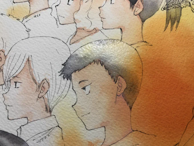 カラー作業工程その22
ギザギザしてて水が見えにくいところは、まず大雑把に水を置いてからすぐに薄めた色を塗っていきます。どこまで湿らせてるかわかりやすいですね。渇く前に濃い色を塗っていきます。 