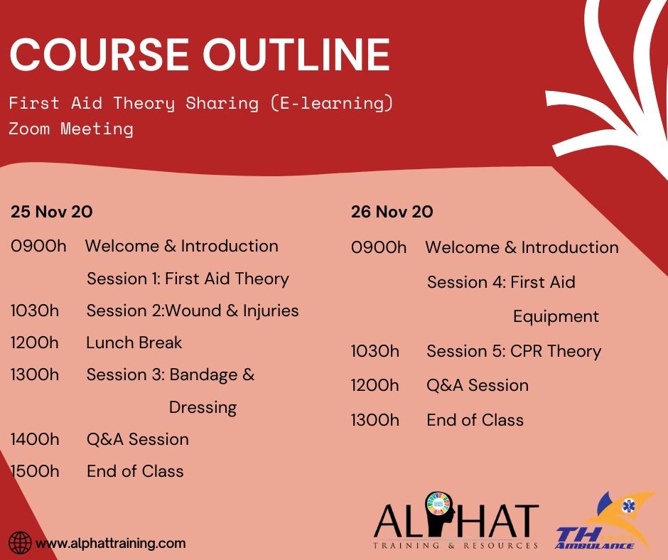 AlphatTraining's tweet photo. Alphat Resource First Aid Theory Sharing (E-Learning) is BACK with the SPECIAL OFFER!!

Date: 25 &amp; 26 November 2020

Registration fees:
Special offer RM100 (for 30 early bird &amp; student)
Normal price RM150

Medium:Zoom Meeting

Training Materials and E-Certificate will be provided https://t.co/rTWPg1rfIs