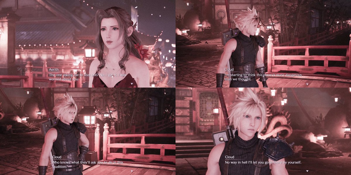 ☆ I like how Cloud’s disinterest in this is stressed, but he knows he has to do it in order to protect Aerith. The quote doesn’t link it to Aerith BTW, but we know that Cloud does anything in order to not let her go in there alone. The things this man will do for Aerith.