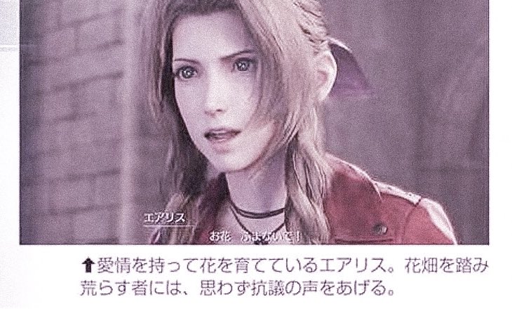 (text under pic)Aerith grows her flowers with love (愛情). So she instinctively raises her voice in protest at those that trample over her flowers.☆ Okay, wait a second. Aerith... you did not get angry at Cloud when he fell on the flowers you grew with “love”. wonder why