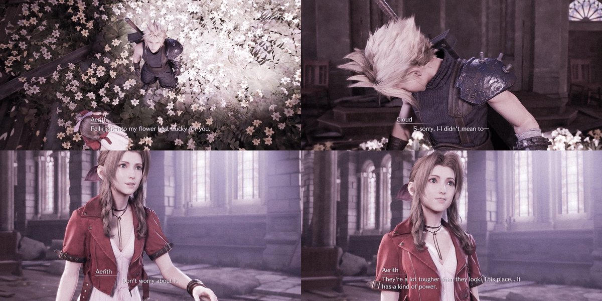 (text under pic)Aerith grows her flowers with love (愛情). So she instinctively raises her voice in protest at those that trample over her flowers.☆ Okay, wait a second. Aerith... you did not get angry at Cloud when he fell on the flowers you grew with “love”. wonder why