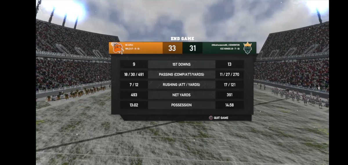 eAthletes_eACF's tweet photo. eACF🎆🍁🏈 Playoffs! 
West Division Semi Final

#BC     33
#EDM  31 Final

A Pick 6 for EDM on the final play of the game for a chance, but miss the 2 pt to tie!!

🎮#eSports @MaxFootballGame #eACFPlayoffs #CFL #BCLions #EEFootball #PS4Live #Twitch #Gamers #Football
🎆🍁🏈 https://t.co/M3eoeT3Sf7