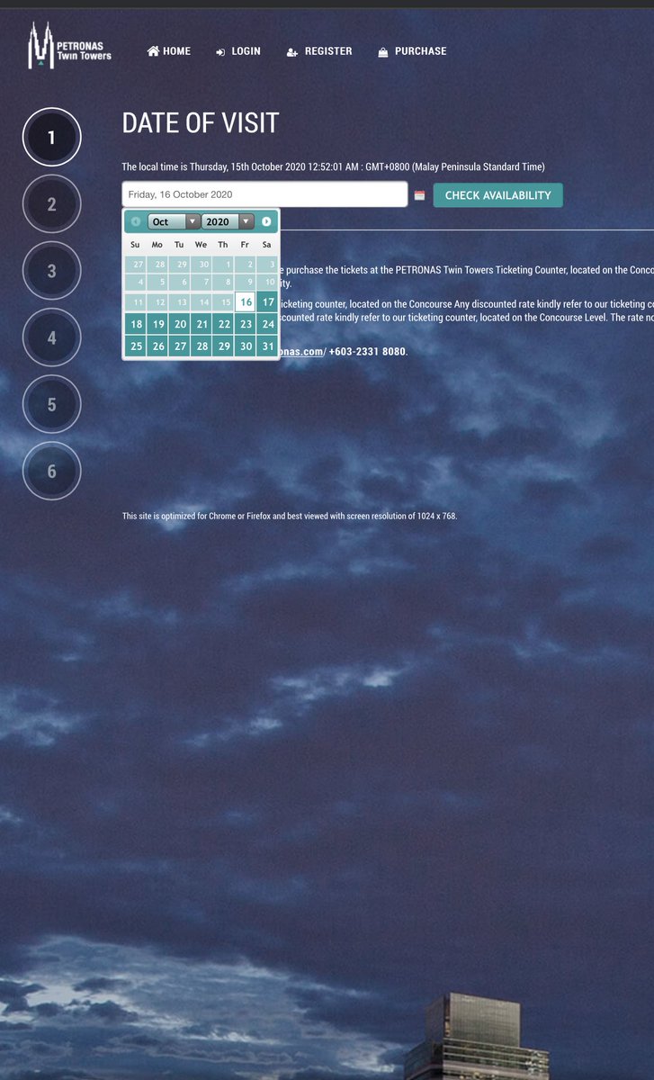 1) Anda pergi ke link dibawah. 2) Akan keluar seperti gambar pertama. 3) Dan scroll sampai bawah akan keluar seperti gambar kedua. Klik untuk beli tiket4) Akan keluar seperti paparan gambar kedua, pilih tarikh dan tekan availability. https://www.petronastwintowers.com.my/&nbsp;