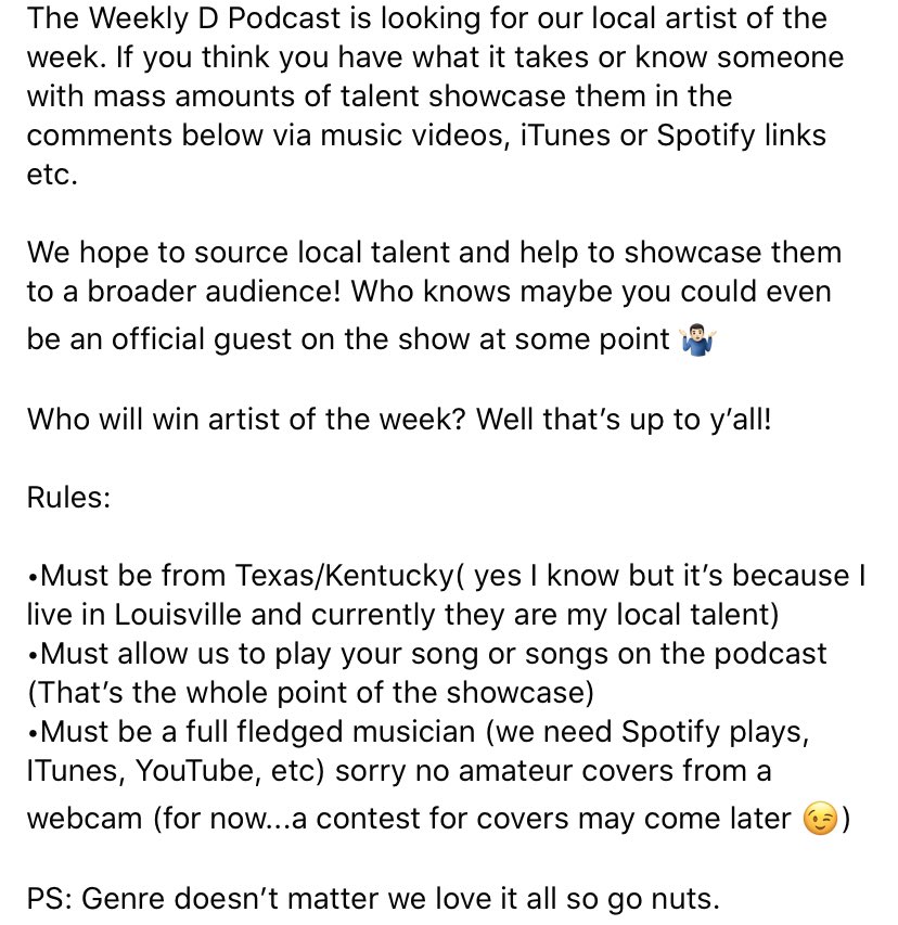 TheWeeklyDPod's tweet photo. Know someone with musical talent? #houston #texas #kentucky #Louisville 

We have a contest coming up for our next local artist of the week so give the pic a read and feel free to tag who you think deserves our #localartistoftheweek spotlight. https://t.co/M7BfuqQ3wI
