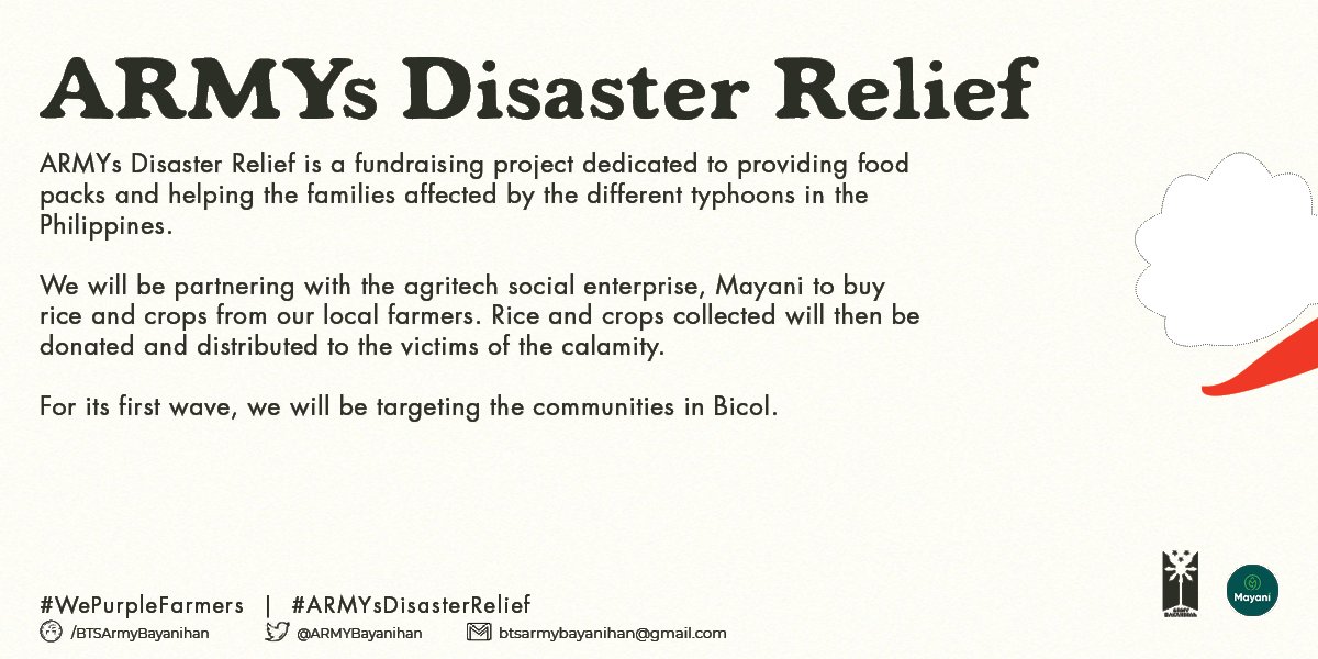ARMYBayanihan's tweet photo. CALL FOR DONATIONS

We are now open for donations to provide food packs to the areas affected by the typhoon in the Philippines.

Buy rice from our farmers and donate it to the victims of the typhoon. 

Donation Form: https://t.co/6qf8IliDmh

#ARMYsDisasterRelief https://t.co/CpVC10kHG6