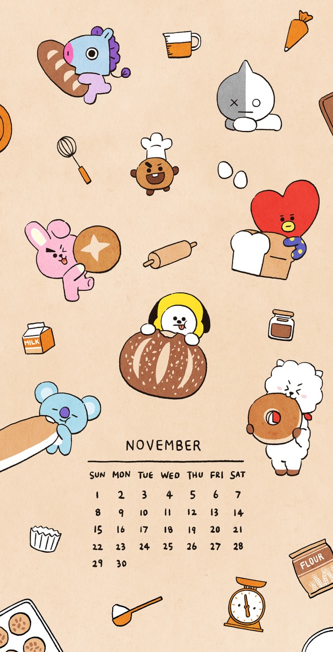 Bt21 Japan Official 今月は幸せパンパン 11月 カレンダー 壁紙 ベーキング イラスト アートワーク パン 可愛い壁紙 グルメ キャラクター Bt21