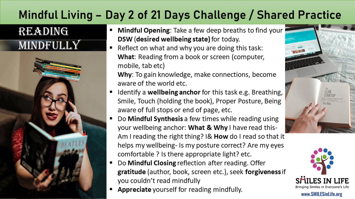 SMILESinLife's tweet photo. On Day 2 of our 21 Days of Mindful Living Shared Practice, we are going to practice reading mindfully  with large time spent on screens. Watch this demo to see what, why and how reading mindfully helps in our wellbeing. Enjoy!! #wellbeing #mindfulness #Reading https://t.co/a7u1IiITQ2