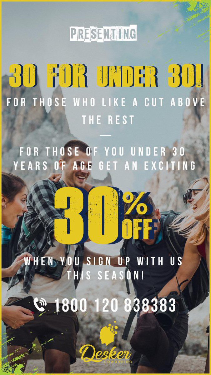 DeskerC's tweet image. Presenting 30 under 30!! For those of you who like a cut above the rest- sign up with @DeskerC this season and get an exciting 30% off if you are from the under 30 age bracket!

#changetheculture 
#DeskerCoworking #NewDelhi #Luxury #Office #Officedelhi #Officespace #community