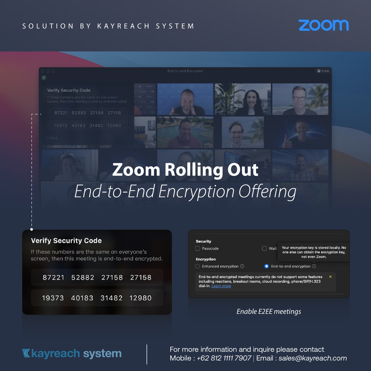 Kayreach_System's tweet image. Zoom Rolling Out End-to-End Encryption Offering
Zoom users – free and paid – around the world can host up to 200 participants in an E2EE meeting on Zoom, providing increased privacy and security for your Zoom sessions.
#Collaboration #Meeting #E2Eencryption #StayConnected