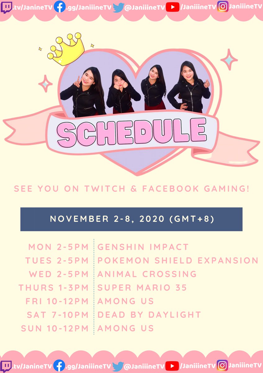 JaniiineTV's tweet photo. Finally a stream schedule! Hope to see you guys on Twitch or Facebook Gaming! Love y'all. 💖

#Stream #Streaming #Streamer #StreamSchedule #GenshinImpact #Pokemon #PokemonSwordShield #PokemonSwordShieldEX #AnimalCrossingNewHorizons #SuperMarioBros35 #AmongUsGame #DeadbyDaylgiht https://t.co/N3RlDE9yKM