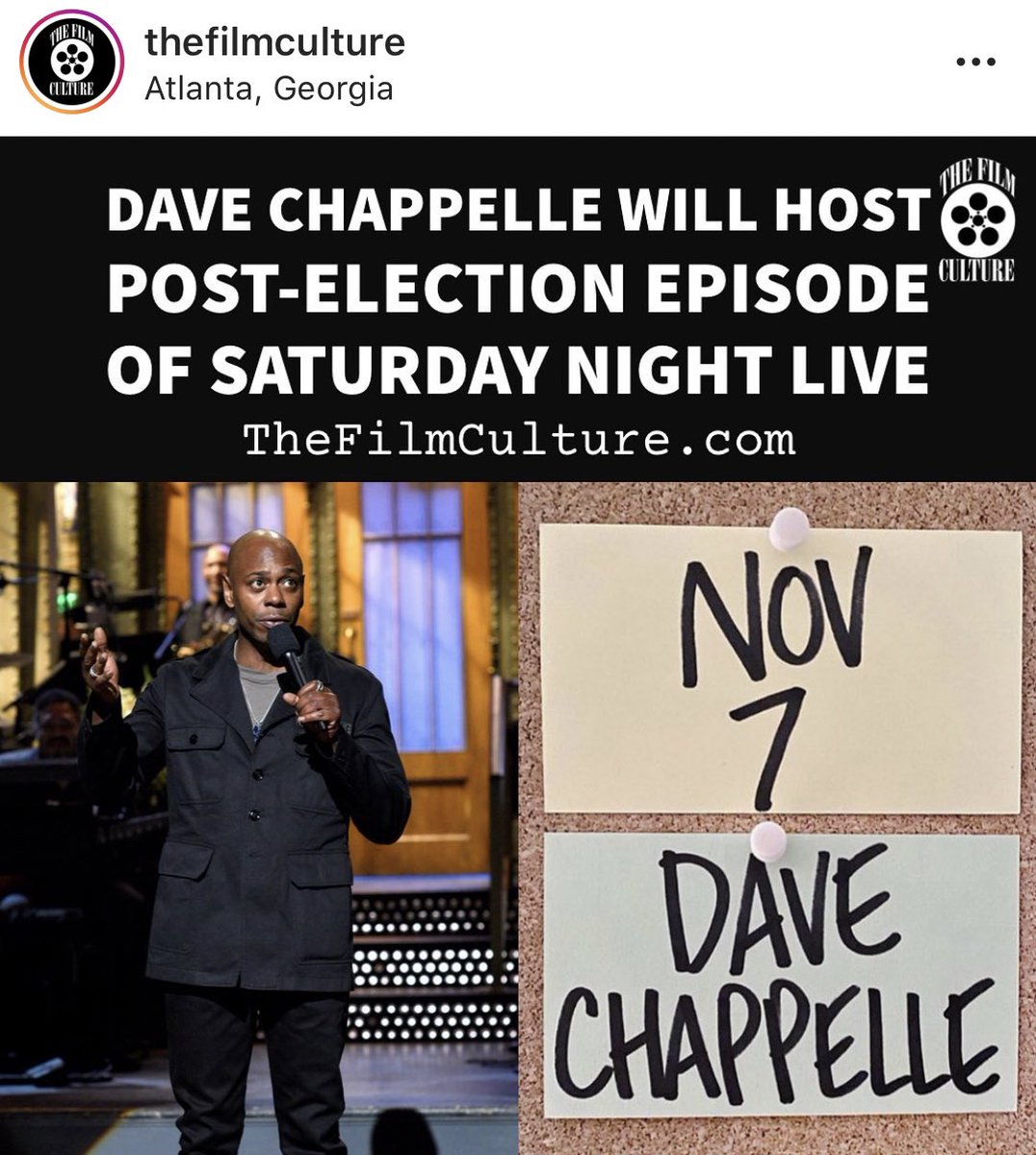 DopeblackFilms's tweet photo. How #Dope is this!

#Davechappelle will be hosting #SNL the day after the #Election2020 !! Can’t wait to here his opening monologue https://t.co/oO6RirGfMy