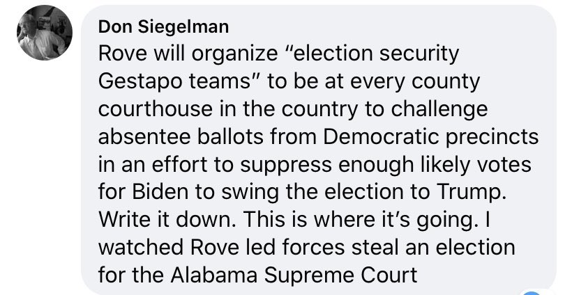 . @DonSiegelman predicted this in June. Don is Alabama’s last Democratic governor (he lost re-election in 02 after 6K votes were switched from his column to his opponent’s) & also served as Lt. Governor, AG, & SOS. Rove got his feet wet in AL. Biden better be prepared alright. 1/  https://twitter.com/ddale8/status/1323049693853683712