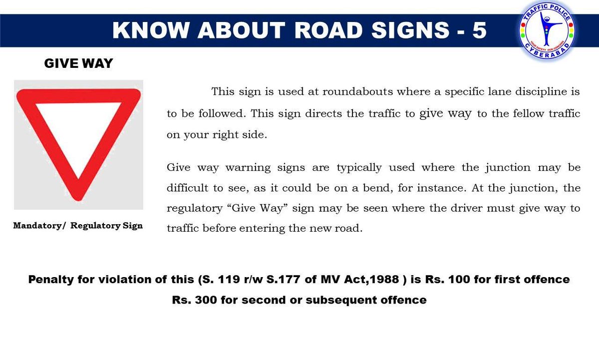 CYBTRAFFIC's tweet photo. Know about #Roadsigns - 5
ఈ ట్రాఫిక్ గుర్తు కనిపించినది అంటే మెయిన్ రోడ్డు పైన ఉన్న వాహనాలకు దారి ఇచ్చి, అవకాశం వచ్చినప్పుడు జాగ్రత్తగా ముందుకు కదలమని అర్ధం. 

#roadsignrecognition could keep you alert and safe.
#RoadSafety https://t.co/p94BNonvTG