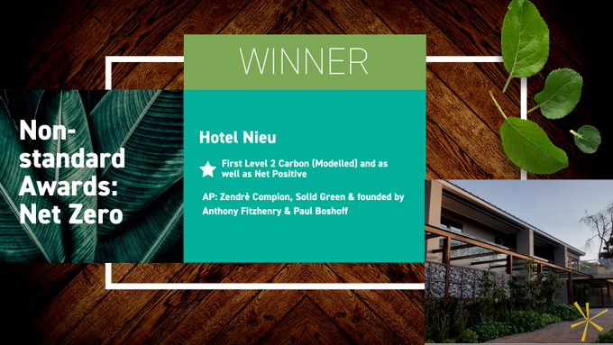 SolidGreen_SA's tweet photo. Non-standard @GBCSA Awards: Net Zero WINNER: Hotel Nieu, AP Zendrè Compion, Solid Green Consulting.
#GBCSA2020 #NearPossible @zenltd https://t.co/6n9DrR5Zza