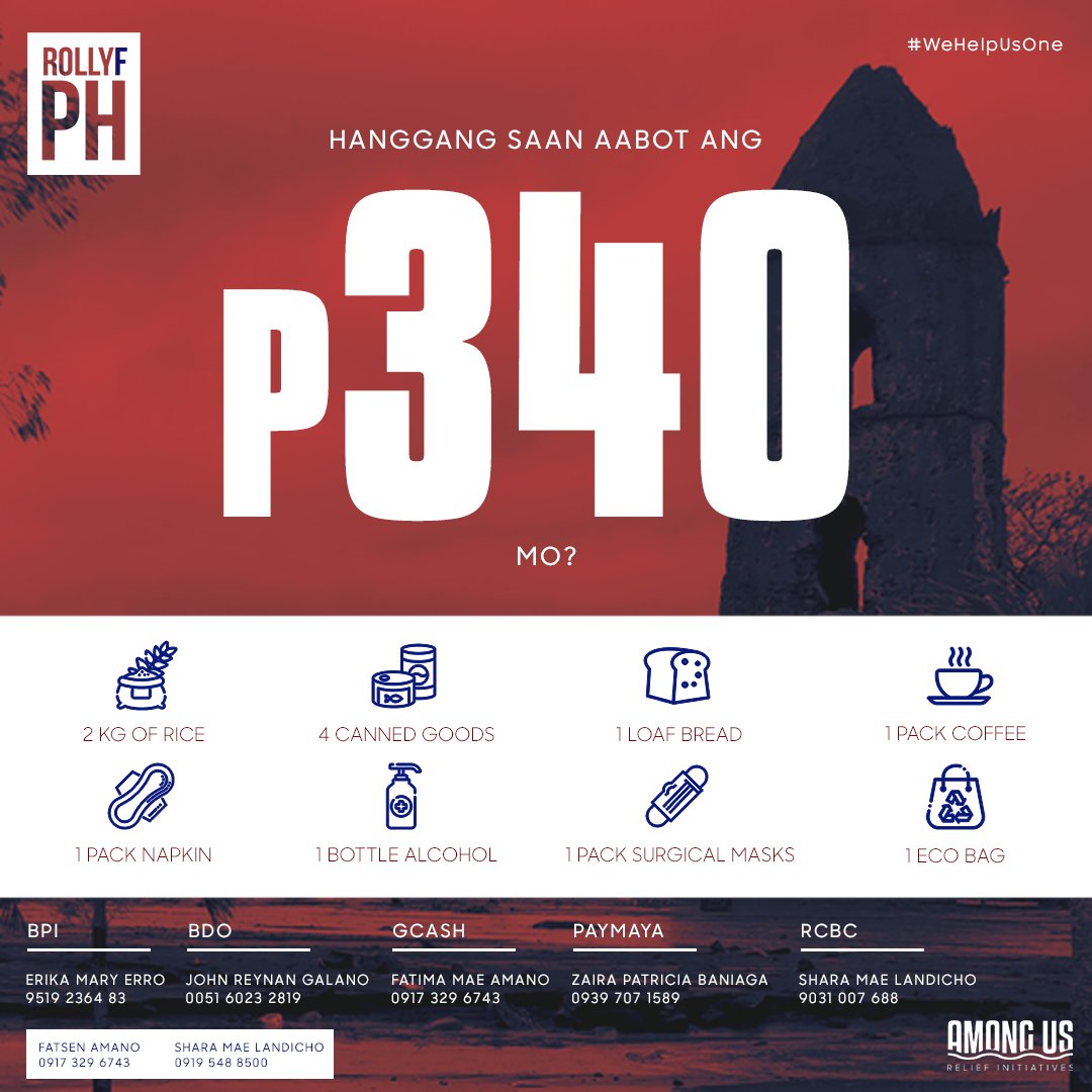 ThePisaraTales's tweet image. Hanggang saan aabot ang P340 mo?

The Pisara Tales is teaming up with Among Us, a relief operations initiative, to bring you Project #ROLLYfPH (Typhoon Rolly Relief PH)!

Check out this link for more details: facebook.com/ThePisaraTales…

#WeHelpAsOne