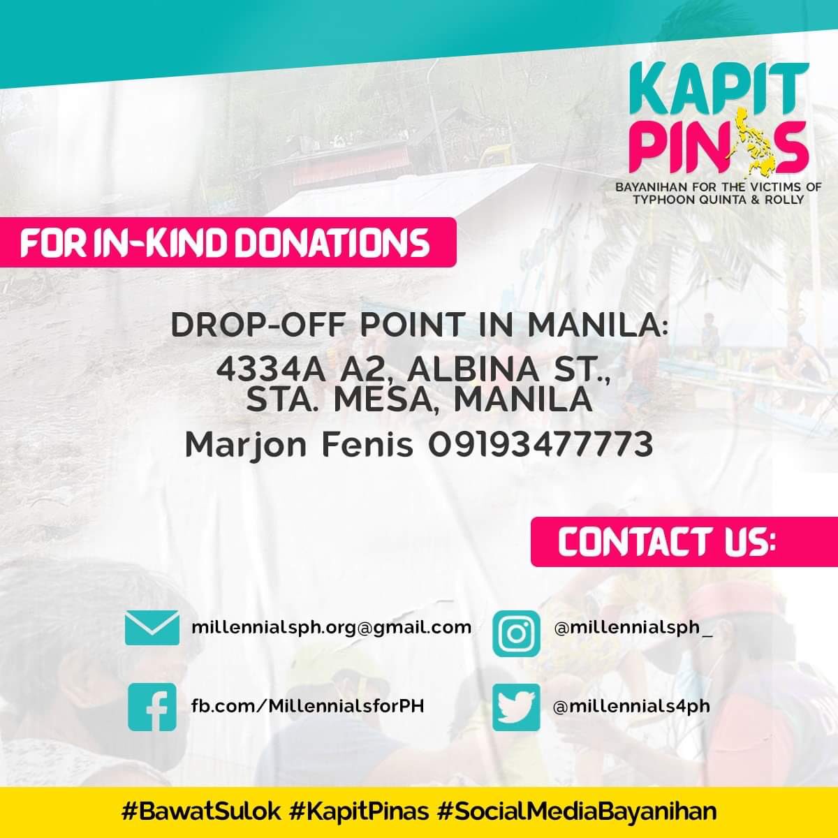 Mga mahal! Sinubukan nating abutin ang #BawatSulok ng Mindanao through <a href="/KapitMindanao/">#KapitPinas</a> &amp; together we raised almost 500k! This time our KAPITids in Luzon need us more than ever! #KapitPinas is a nationwide bayanihan for the victims of #RollyPH &amp; Quinta from 12 areas in Luzon.+++
