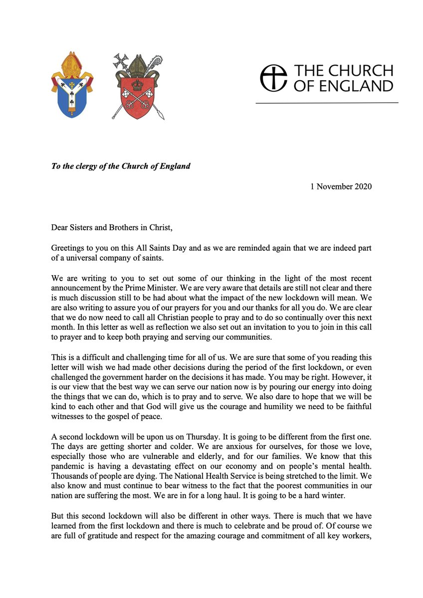 churchofengland's tweet image. Following the announcement of a second national lockdown, a letter has been sent to clergy from Archbishops @JustinWelby and @CottrellStephen, and @bishopSarahM.

Read more at cofe.io/LockdownLetter.