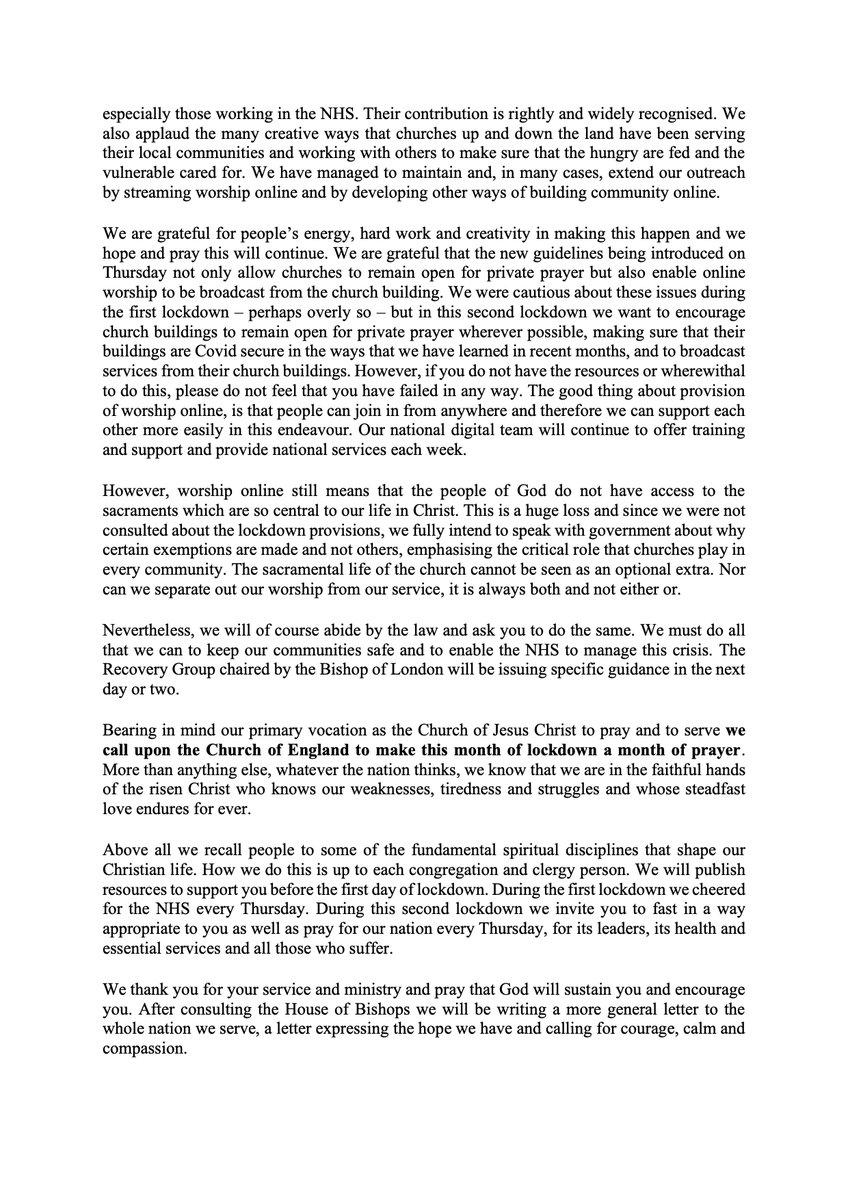 churchofengland's tweet image. Following the announcement of a second national lockdown, a letter has been sent to clergy from Archbishops @JustinWelby and @CottrellStephen, and @bishopSarahM.

Read more at cofe.io/LockdownLetter.
