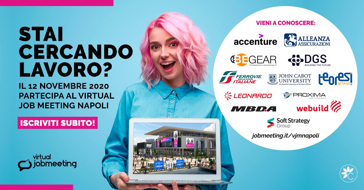 jobmeeting's tweet photo. 📣 Partecipa al #VirtualJobMeetingNapoli e consegna il tuo CV alle aziende che assumono! 
🔹https://t.co/Ch8bqhR5OR

@Accenture Alleanza Assicurazioni @BegearSrl @dgs_group @fsitaliane @JohnCabotRome Teoresi Group @Leonardo_live @ProximaICT @byMBDA @Webuild_Group @SoftStrategySpA https://t.co/SwUvMGvyr2