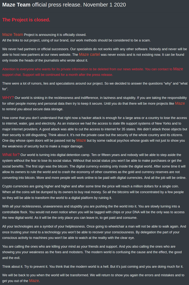 malwrhunterteam's tweet photo. "Maze Team official press release. November 1 2020" - "The Project is closed."
🤔 https://t.co/e43ESE4lBJ