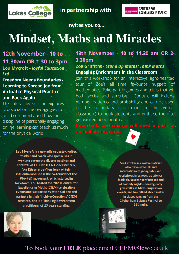 DrFionaDixon's tweet photo. Join us online exploring Maths, Miracles and Mindsets. 
Two 90 minute sessions.
Session One Thursday 12th Nov with @LouMycroft 10:00 - 11:30 or 13:30 -15:00
Session Two Friday 13th Nov with @ZoeLGriffiths 10:00 - 11:30 or 13:30 -15:00
To book your FREE place email CFEM@lcwc.ac.uk https://t.co/CXubHYyqk7