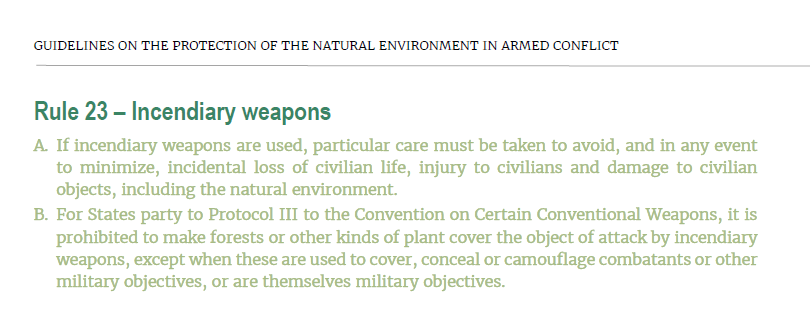  #Armenia and  #Azerbaijan are both accusing each other of using  #WhitePhosphorous incendiary munitions in protected woodlands in the  #Karabach conflict. While we look into it, here's what  #IHL says about the legality of incendiary attacks on the  #environment.  #PERAC 1/6