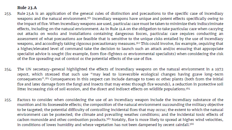 In essence, Rule 23a recognises the intrinsically indiscriminate and potentially disproportionate effects of fire as a weapon, and calls for particular care to be taken to address this. These concerns have been present since the widespread use of napalm in the Vietnam War. 3/6
