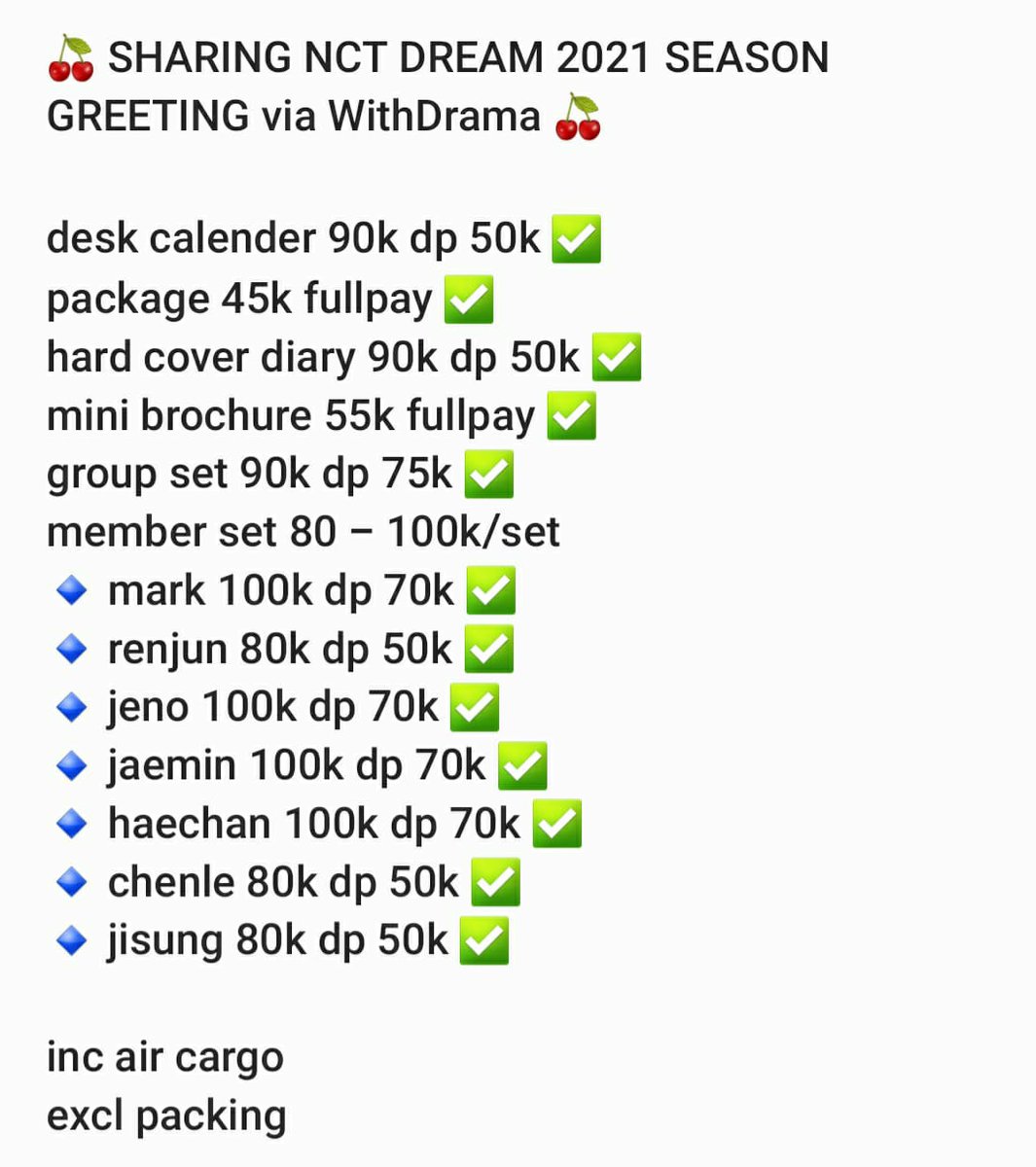 _CHERRYOURS's tweet photo. sharing nct dream 2021 season greeting via withdrama

details on pic 
🚚 shipping fr malang 
💰 pelunasan via 🍊
💳 bca/dana 

📩 dm for booking slot https://t.co/iK8B2NDELP https://t.co/XUWfxOkiJW