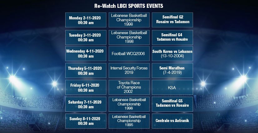 LBCISports's tweet photo. Grid for the week (Nov 2-8) 🏀⚽️🚗💨
#رياضة_بالبيت 
@LBCILebanon https://t.co/QeJEMGB3dN
