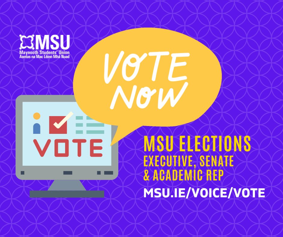 maynoothsu's tweet image. VOTE TODAY in the MSU Executive, Senate &amp;amp; Academic Rep elections. Polls close at 6pm. You must verify your registration with msu.ie in order to vote
🔗 msu.ie/voice/vote/