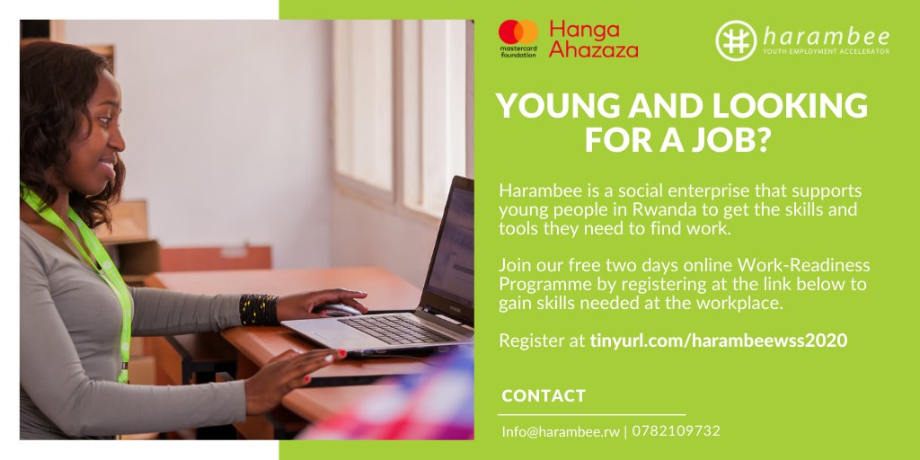 Employmentcentr's tweet photo. Young and looking for work? Register for @HarambeeRw's two days online work-seeker support program to gain the skills you need to find work. https://t.co/kFql7HDUar
#Harambee #HangaAhazaza https://t.co/C1OFzk78yo