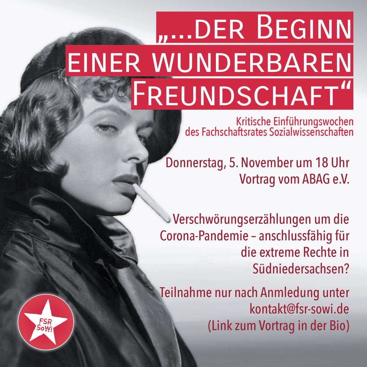 Donnerstag, 5.11. 18 Uhr referiert das <a href="/abag_goettingen/">ABAG e.V.</a> im Rahmen unserer Einführungswochen über #Verschwoerungsideologie und extreme Rechte in Südniedersachsen. 
Ihr wollt dabei sein? Dann schreibt uns eine E-Mail an:
kontakt@fsr-sowi.de um den Zugangscode zu erhalten.