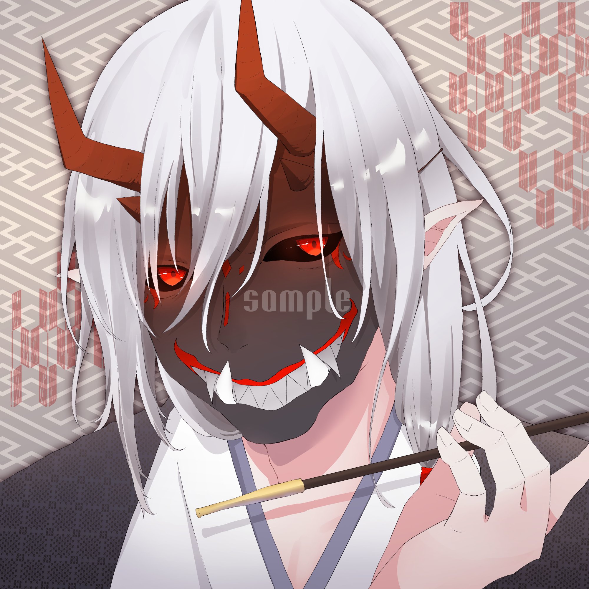 御剣てい ファンタジーイラストレーター アイコンイラストをご依頼頂きました 鬼のお面と和柄がマッチして かなりカッコいい イラストに仕上がりました 顔が怖すぎて没になったお面があるのは内緒です スキマ Skima イラスト 有償依頼 T