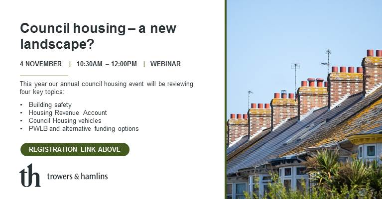 Trowers's tweet image. Join us on Wednesday at 10:30am for our annual #councilhousing event. Ian Doolittle and partners Scott Dorling, @RobBeiley and Neil Waller will be reviewing the latest topical issues facing the sector. Sign up here: bit.ly/37W6SJo 

#housing #ukhousing
