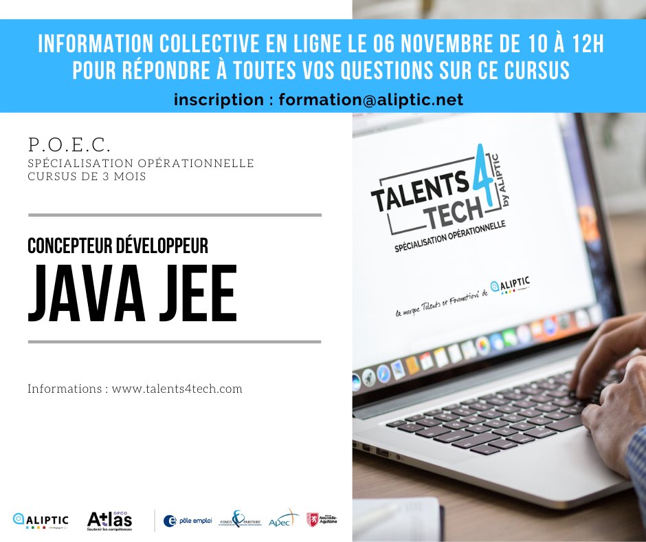 aliptic_'s tweet photo. #Talents4Tech : Information collective 🧐
Vous avez des questions sur le cursus intensif Développeur #Java #JEE ?

🤜 Inscrivez vous au temps d'échanges organisé par @poleemploi_NA 
🤜  Rdv le 6 novembre, 10h-12h
🤜  en visio 💻
🤜  Inscription : formation@aliptic.net https://t.co/Ue0Zj5RPNc