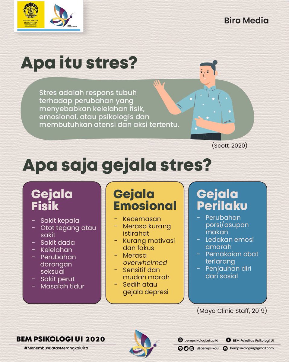 Halo, Psikologi!

Minggu ini, dari tanggal 2 hingga 6 November, merupakan International Stress-Awareness Week. Sebenarnya, apa saja gejala stres? Apa akibatnya? Bagaimana cara mengatasinya?

Untuk mengetahuinya lebih lanjut, simak infografis berikut!