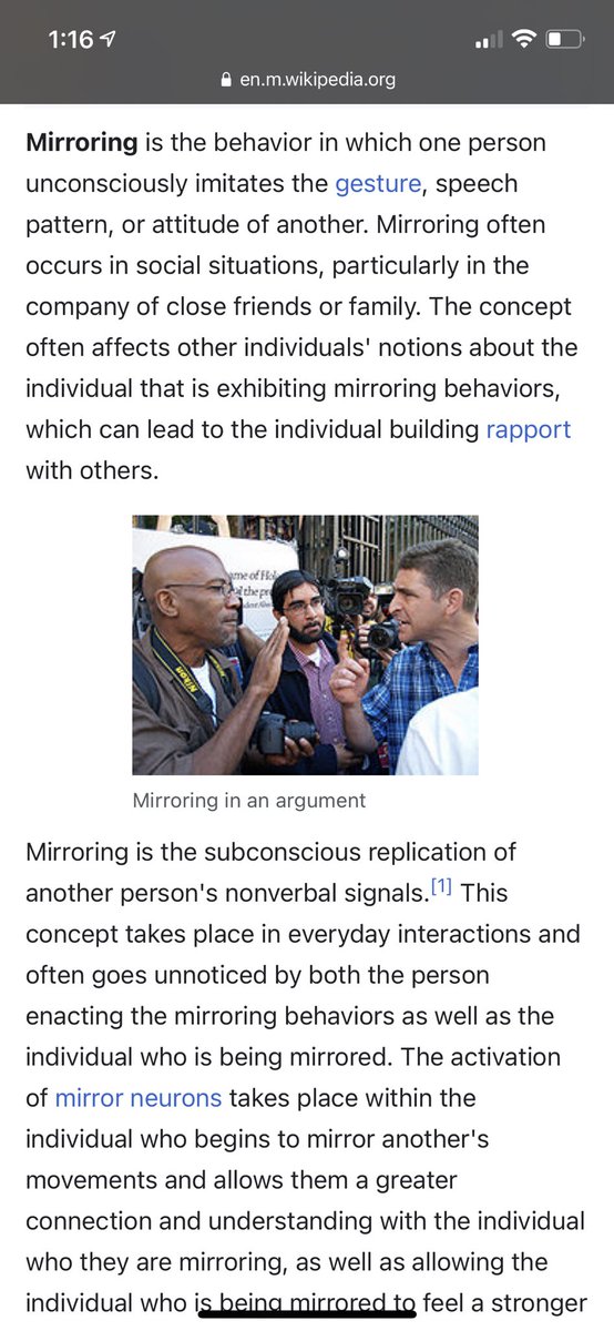 Mirroring is when you copy someone’s behavior for acceptance. Ok that’s a really broad definition. Here’s a better one.