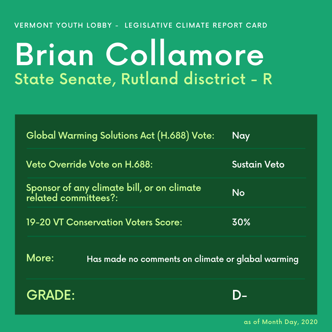 Our second report card today focuses on Brian Collamore (R) who is running for state senate in Rutland.
Learn about Collamore's recent statements and actions regarding climate.
#vote #gotv #vermont #govote #election #electionday #election2020