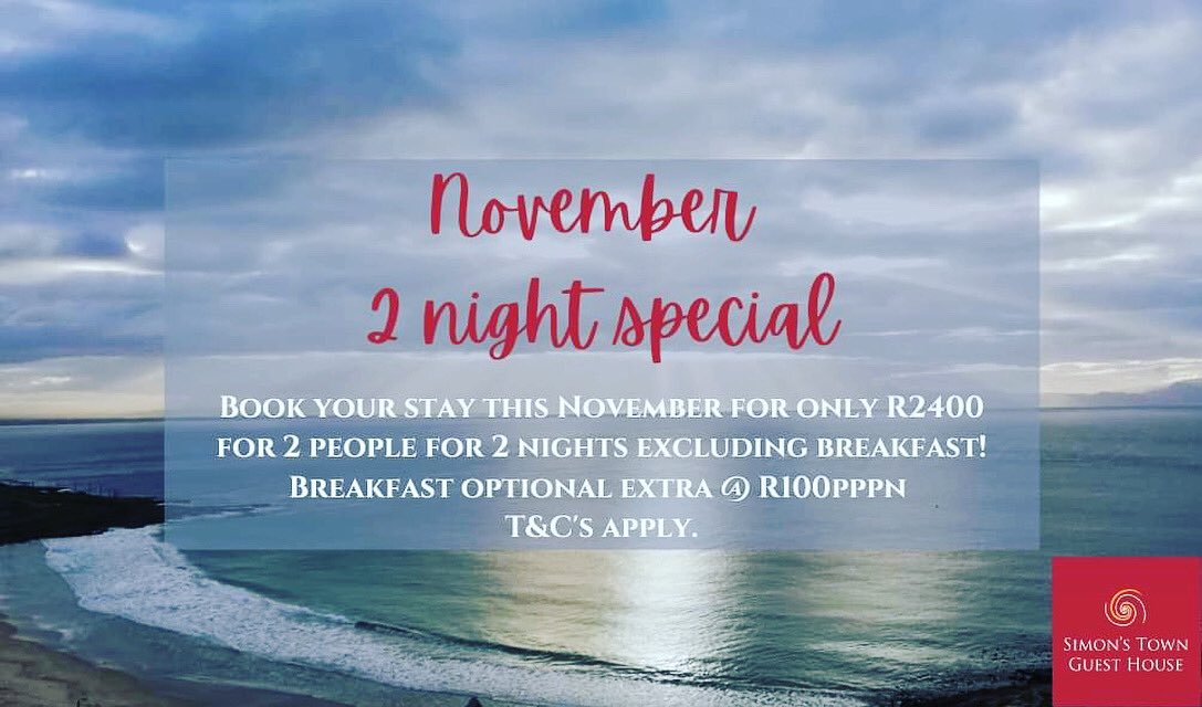 For the month of #November we are running a 2 night #special for 1 or 2 people sharing a room excluding #breakfast for R2400 in total. 
*All rooms except the Shawu luxury suite.
Valid for stays 1 November to 30 November 2020.
Breakfast an optional R100 per person.
