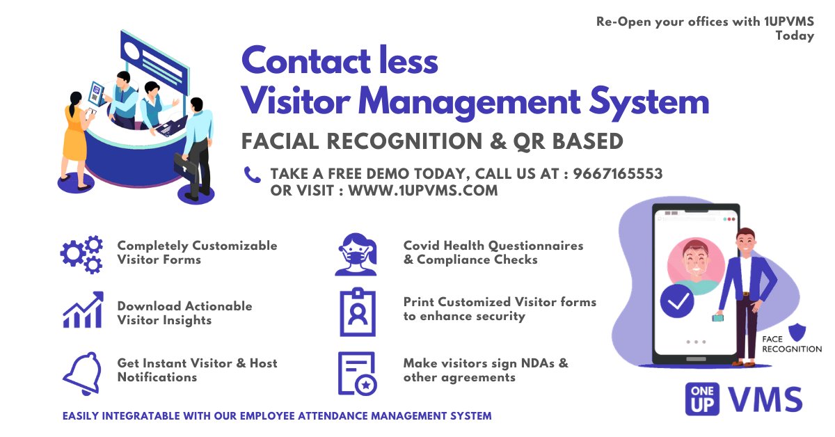 Re-open your offices, factories, institutes, businesses, etc with 1UPVMS, best-in-class Face Recognition based Visitor Management System. 1upvms.com

#1UPVMS #accessmanagement #COVID19 #Employeeattendance #AttendanceManagementSystem #VisitorManagementSystem