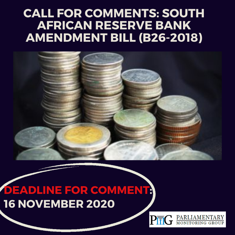 PMG_SA's tweet photo. 🇿🇦📢CALL FOR COMMENTS

#Parliament's Standing Committee on Finance invites stakeholders and interested parties to submit written submissions on the South African Reserve Bank Amendment Bill [B26-2018]. 

Full details: https://t.co/YS7rfn2Xtu https://t.co/Id2pubVUL1
