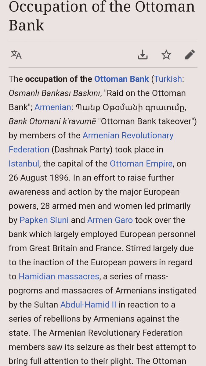 THREAD:In 1896, 28 armed Armenians carried out the Occupation of the Ottoman Bank.Their goal was to raise awareness & action by the major European powers after the Hamidian Massacres which left +200K dead.