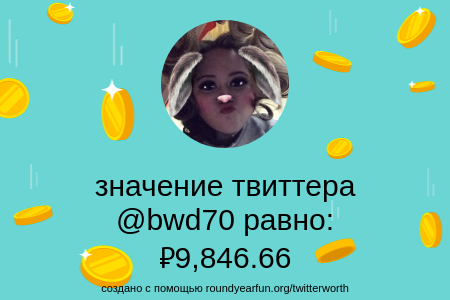 Мое значение в Твиттере равно: ₽9,846.66

Найти ваши с clockurl.co/key/twitterwor…

⠀
