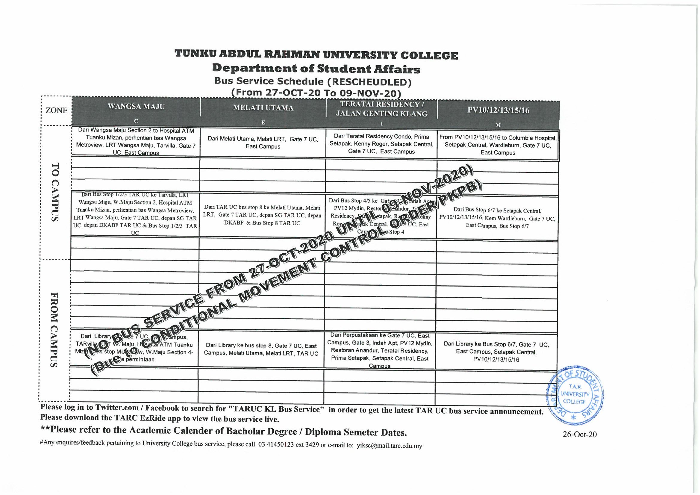 Central 3 West Bus Schedule Taruc Kl Bus Service On Twitter: "Rescheduled Tar Uc Bus Service Schedule  (From Monday To Friday Only) (From 27-Oct-2020 To 09-Nov-2020) - No Bus  Service Https://T.co/Ax1Byxssig" / Twitter